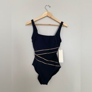 Gottex Onyx Black Square Neck Mesh One Piece with Gold Trim